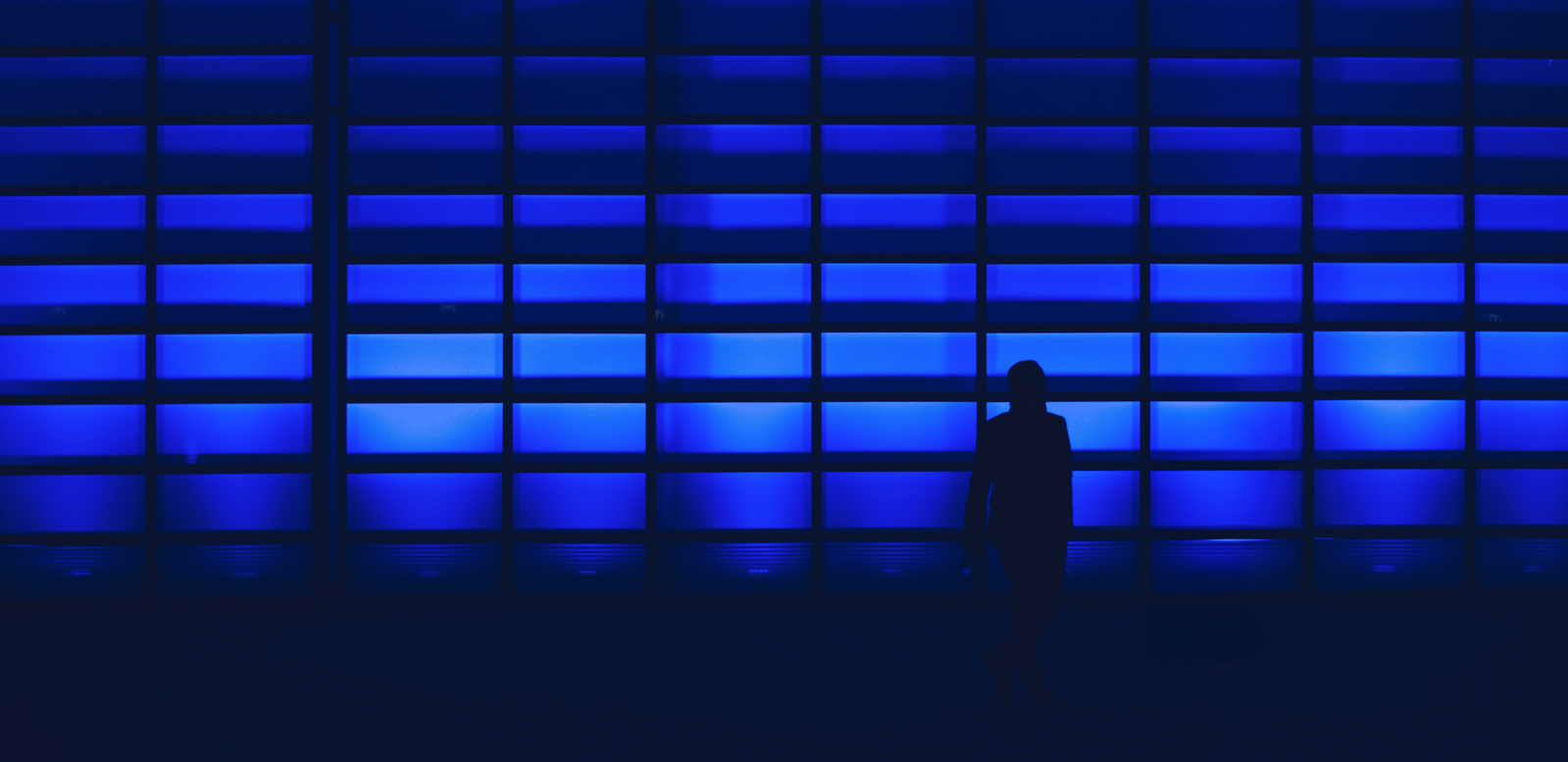 silhouette of a person standing against a blue wall